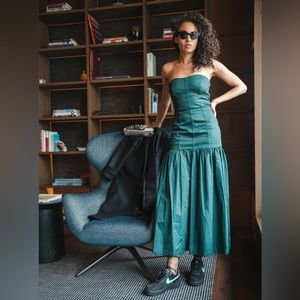 New $119 Zara Green Midi Dress with Topstitching 2550/335 Small
